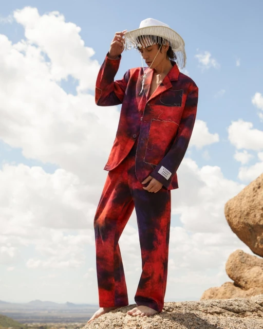 Adult male model in an artistic red and purple suit with white cowboy hat poses on a rock outcrop against a desert background and blue sky.