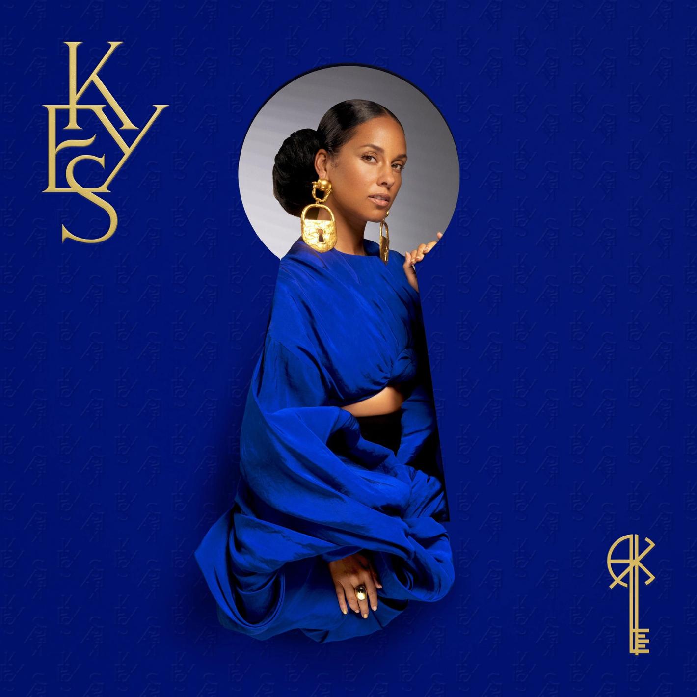 Alicia Keys portrait against a blue textured background with a white circle, wearing gold lock-shaped earrings and a royal blue dress.