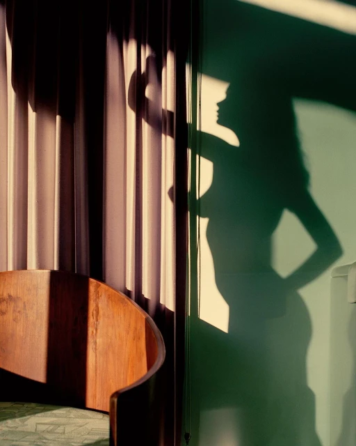 Moody interior shot with a silhouetted woman and soft light, featuring a wooden chair, window light, and draped curtains.
