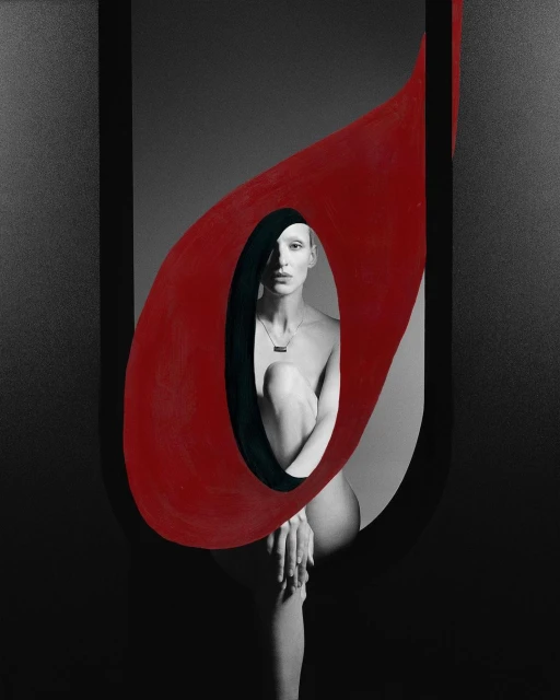 Black and white portrait of a female figure with red abstract shapes in the foreground, creating a striking artistic composition.