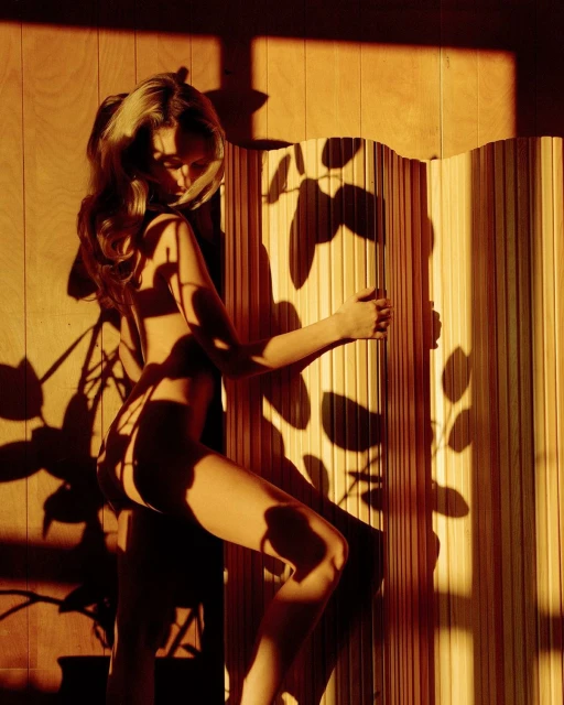 Indoor nude portrait of a woman with blonde hair partially behind wooden folding screen, strong shadows cast on wall.