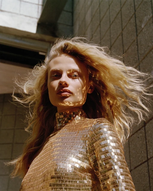 Woman in a gold sequin dress poses outside with sunlight dappling her face. Long blonde hair, high neckline, medium shot, against a stone wall.