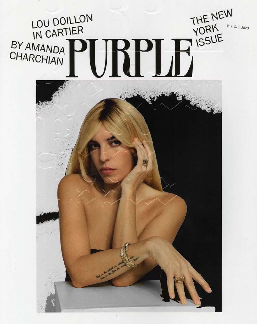 Magazine cover featuring Lou Doillon in Cartier jewellery, against a contrasting black and white background with the title 'Purple'.