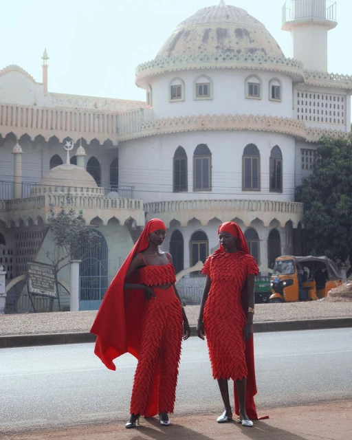 Two adult women in red outfits stand on a street near a white building with domes. A yellow vehicle is visible in the background.