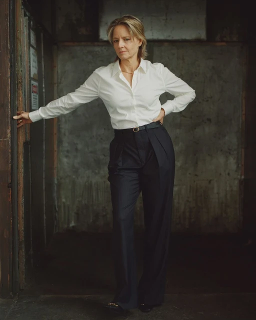 Indoor portrait of an adult woman in a white button-down shirt and dark slacks leaning on a door frame against a concrete wall.