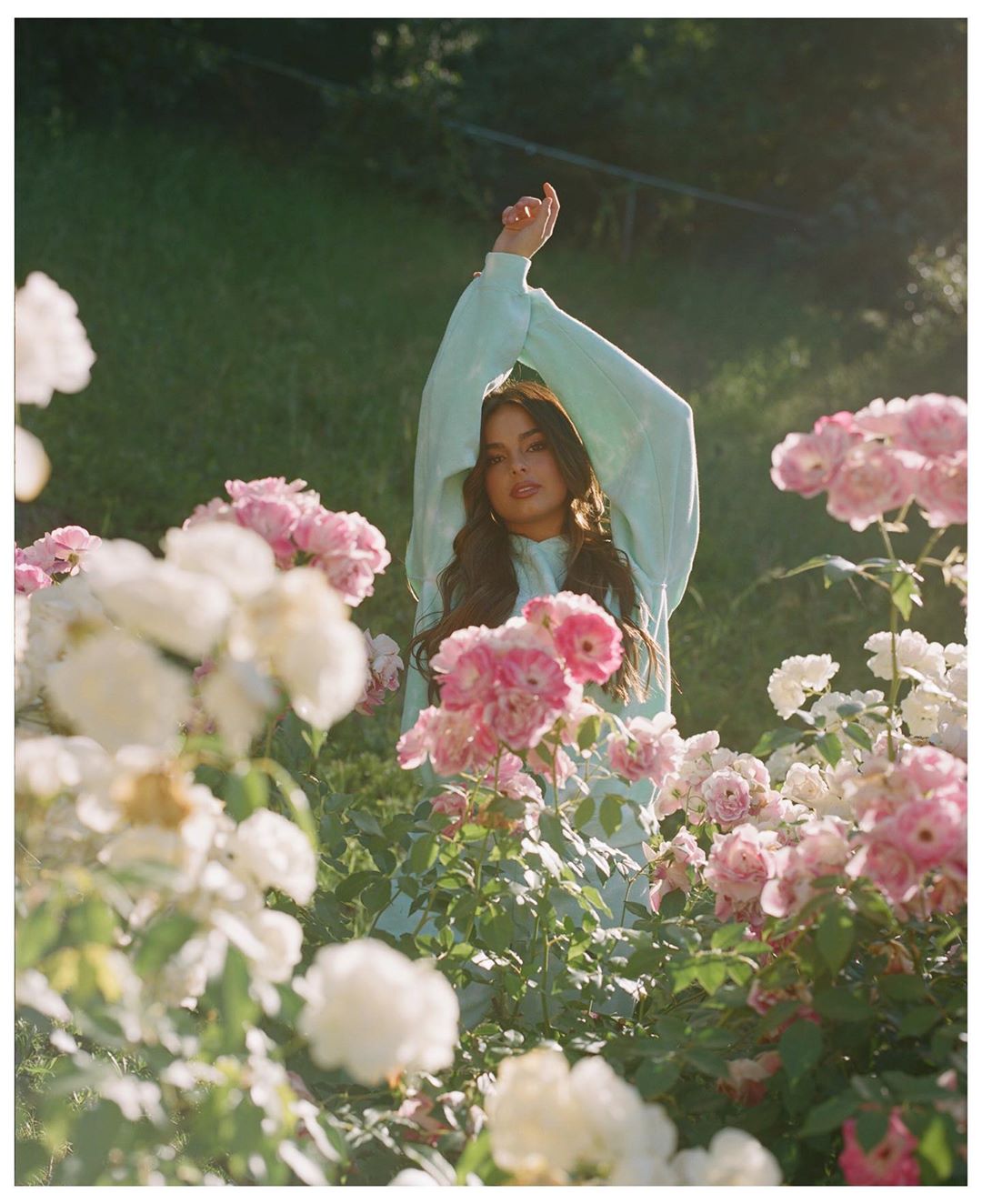 Woman in a mint-green sweatshirt stands among white and pink roses, raising one arm in an outdoor setting, bathed in sunlight.