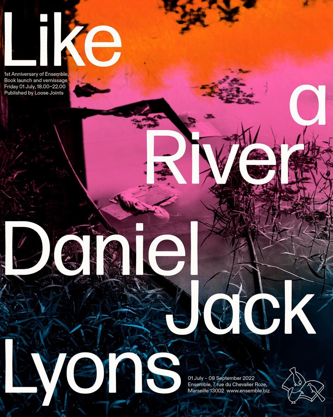 Art poster featuring 'Like a River' text, book launch details, mirror fragment reflected in pink water, and overgrown grassy edges.