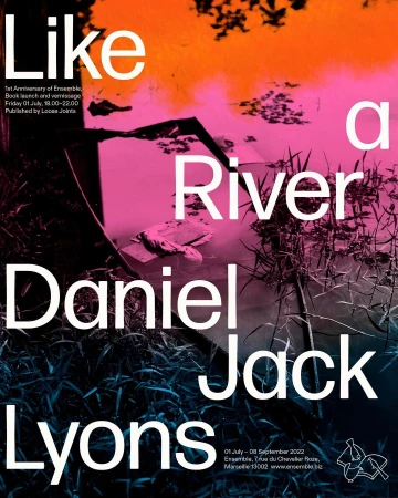 Art poster featuring 'Like a River' text, book launch details, mirror fragment reflected in pink water, and overgrown grassy edges.