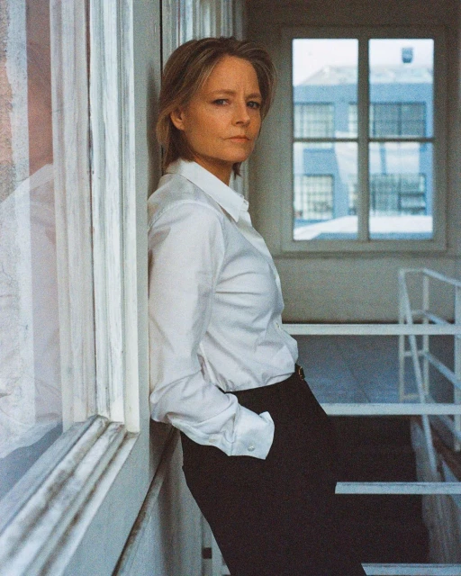 Headshot of adult woman in a white blouse and black slacks leaning against window frame with building visible through a window in background.