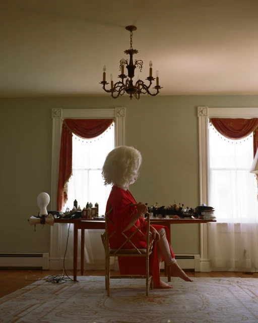 Woman with a large blonde wig sits in a room with a table full of beauty products and a chandelier overhead in soft, natural lighting.