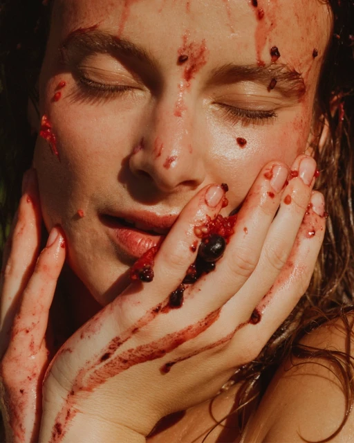 Close-up of a Caucasian female adult with eyes closed, face and hands covered in red berry juice, against a blurred green background.