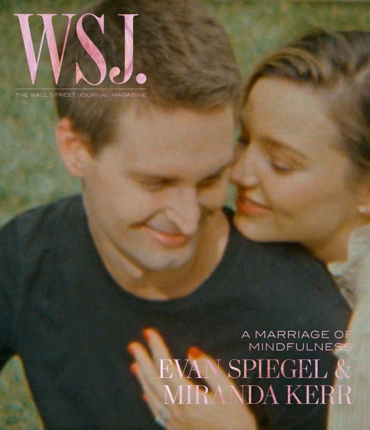 Magazine cover featuring Evan Spiegel and Miranda Kerr in a close embrace, showcasing their feature in The Wall Street Journal Magazine.