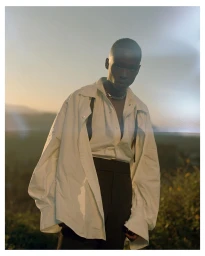 Portrait of a Black man wearing an oversized white shirt and dark trousers outdoors at sunset photographed by Daniel Jack Lyons.