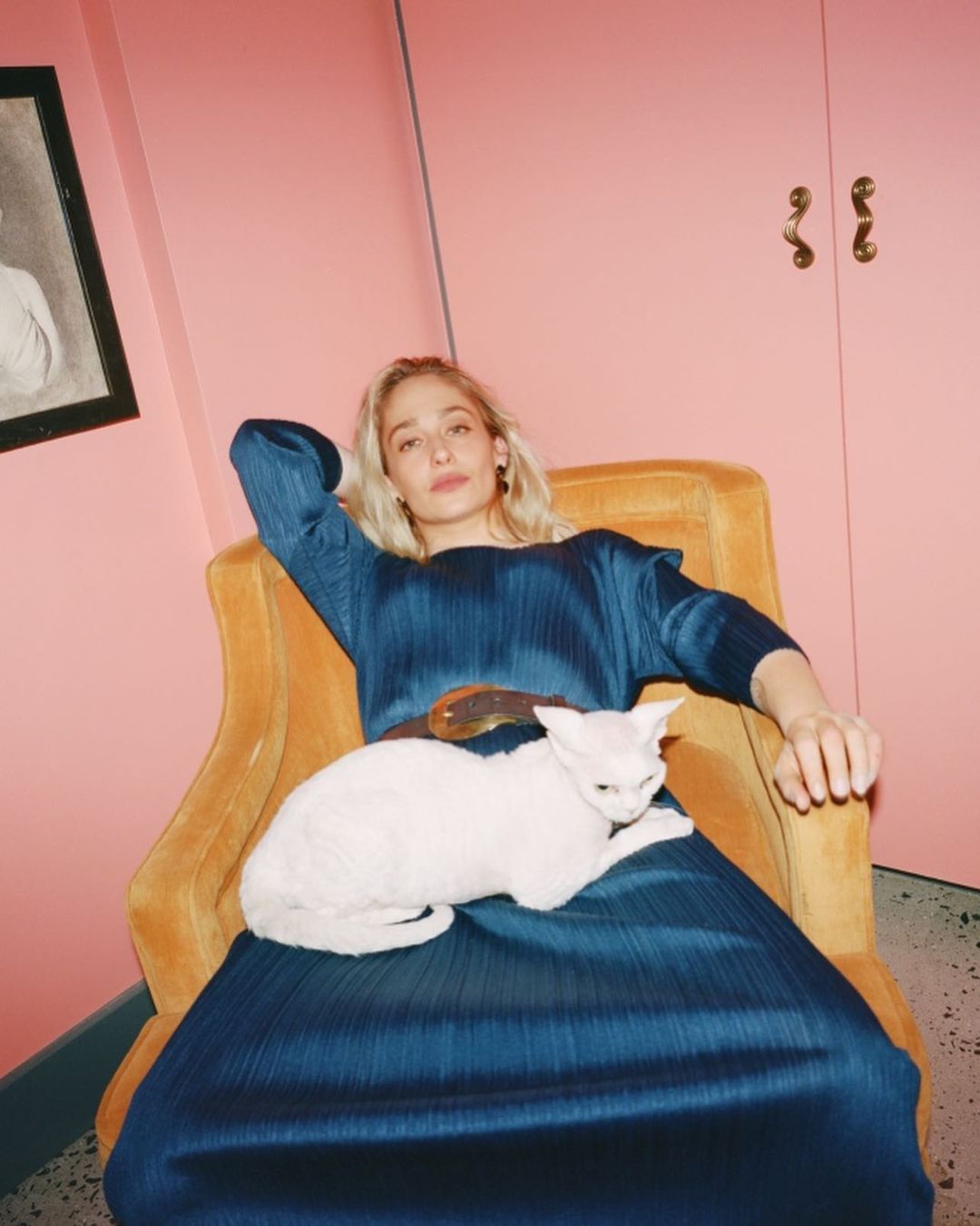 Adult female in a navy dress, seated in a mustard chair with a white cat, indoor studio setting with a pink wall and framed art.
