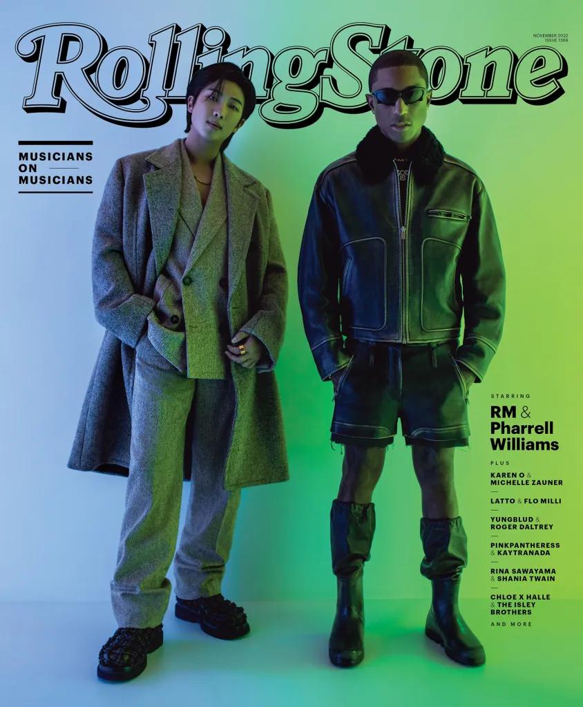 Rolling Stone magazine cover featuring RM and Pharrell Williams posing in stylish outfits against a gradient background, showcasing Musicians on Musicians.