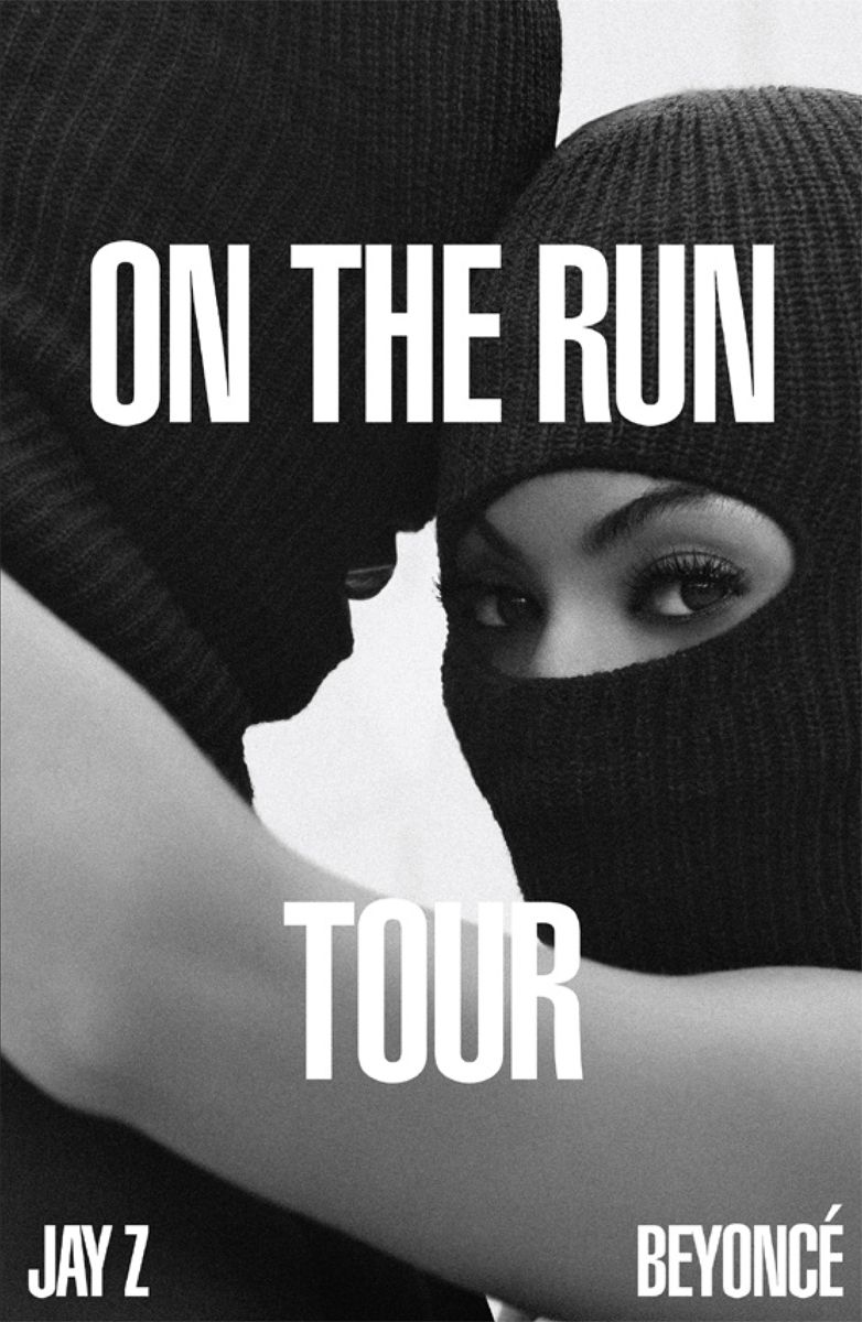 Jay-Z and Beyoncé in black knit balaclavas, embracing for 'On The Run' tour poster. Black and white portrait with promo text.