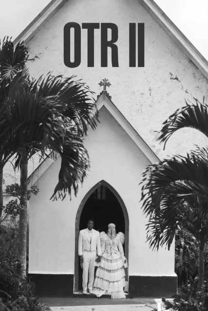 An image of a couple stands in the doorway of a white church surrounded by palm trees under the text 'OTR II' in a black and white shot.