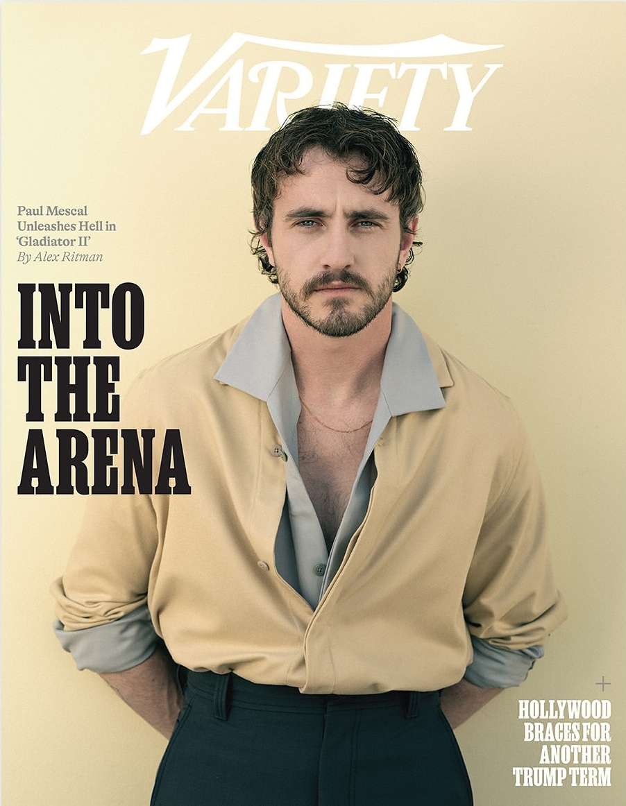 Variety magazine cover featuring Paul Mescal in a medium shot, wearing an open tan shirt and dark pants, against a pale yellow background.