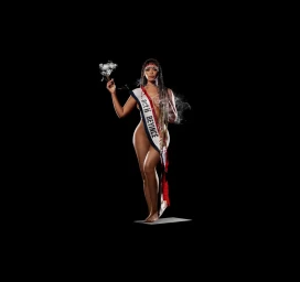 Beyonce wearing a sash reading act ii BEYINCE holding a lit cigar against a black background
