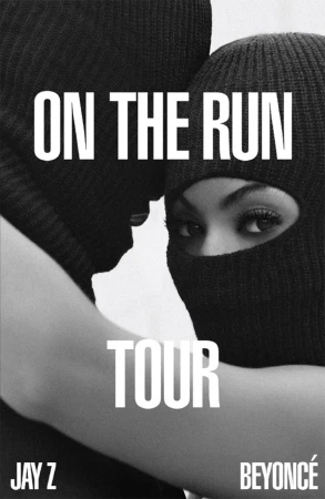 Black and white portrait of Beyonce and Jay Z wearing black balaclavas, embracing closely with bold text overlay.