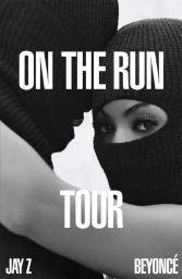 Black and white portrait of Beyonce and Jay Z wearing black balaclavas, embracing closely with bold text overlay.