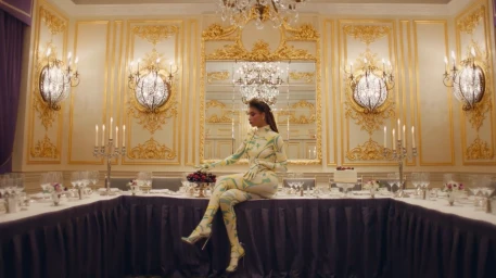 Woman in patterned green and yellow catsuit sitting on a long banquet table inside an ornate ballroom with crystal chandeliers.