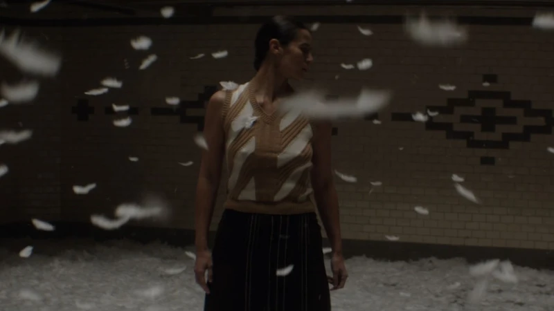 Woman in patterned top and dark skirt stands among floating feathers in an interior setting with a brick wall and dark ceiling.