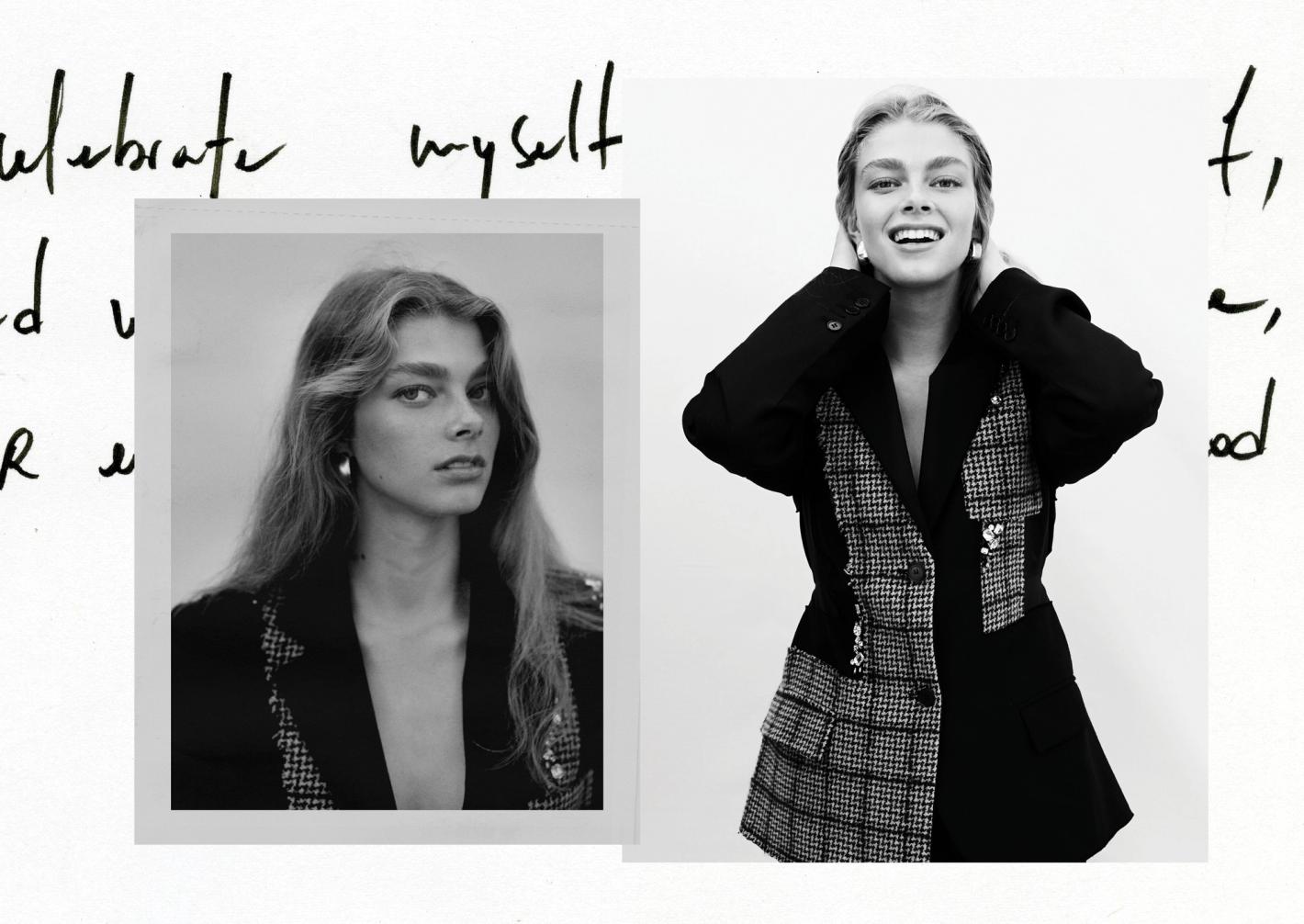 Black and white portrait of a woman wearing a blazer; collage with handwritten notes visible in the background; studio setting.