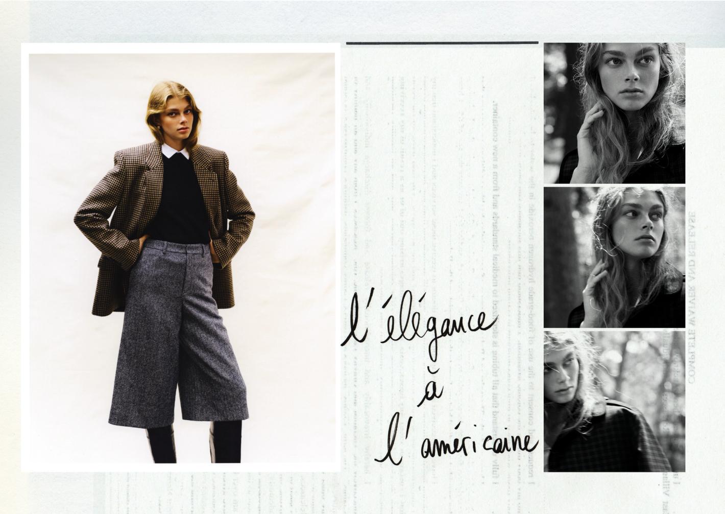 Fashion editorial image featuring a blonde woman in a blazer and culottes, styled in classic American elegance against a neutral backdrop.