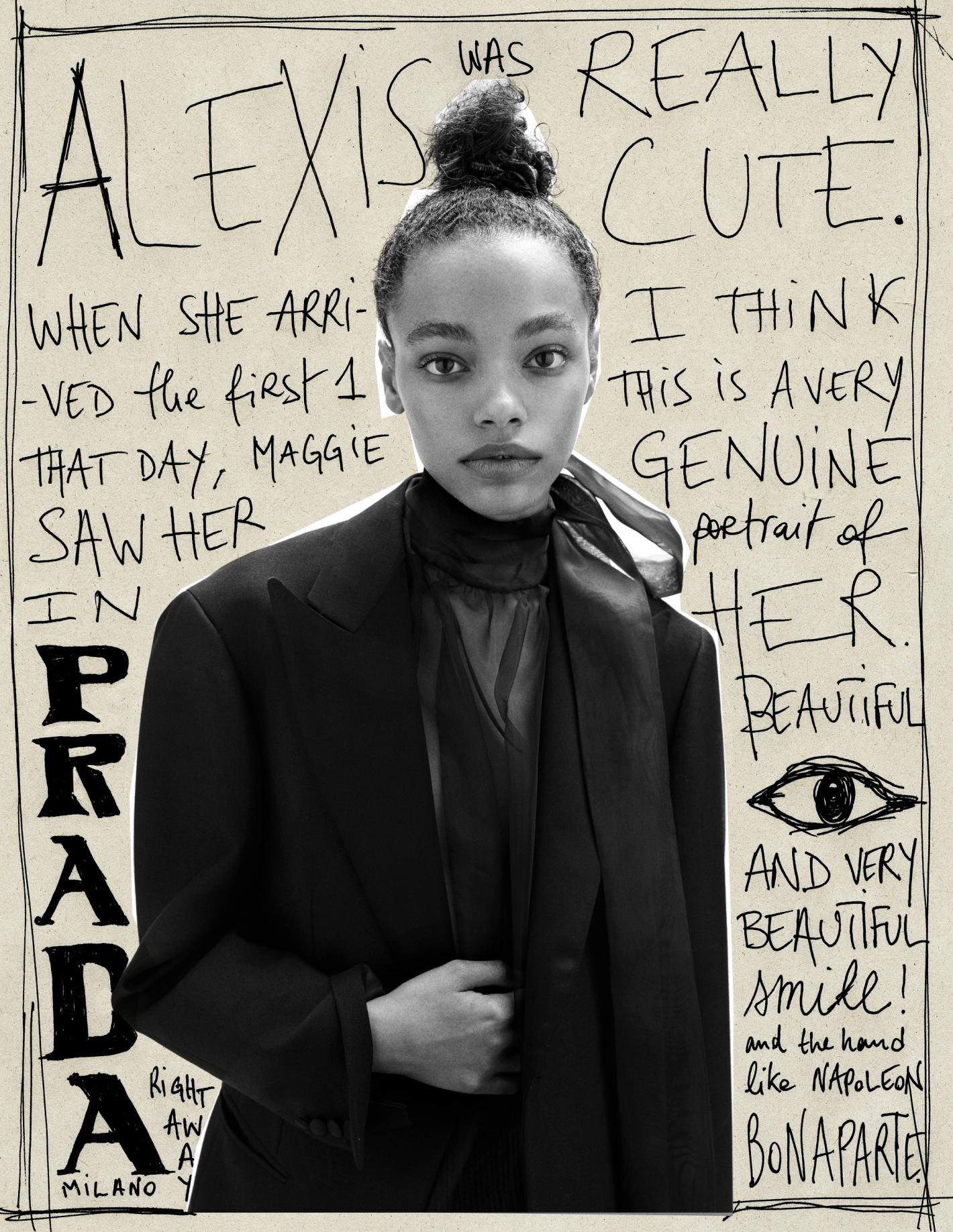 Monochrome studio portrait of a young adult woman with styled hair, wearing a black jacket, set against a backdrop of handwritten text and drawings.