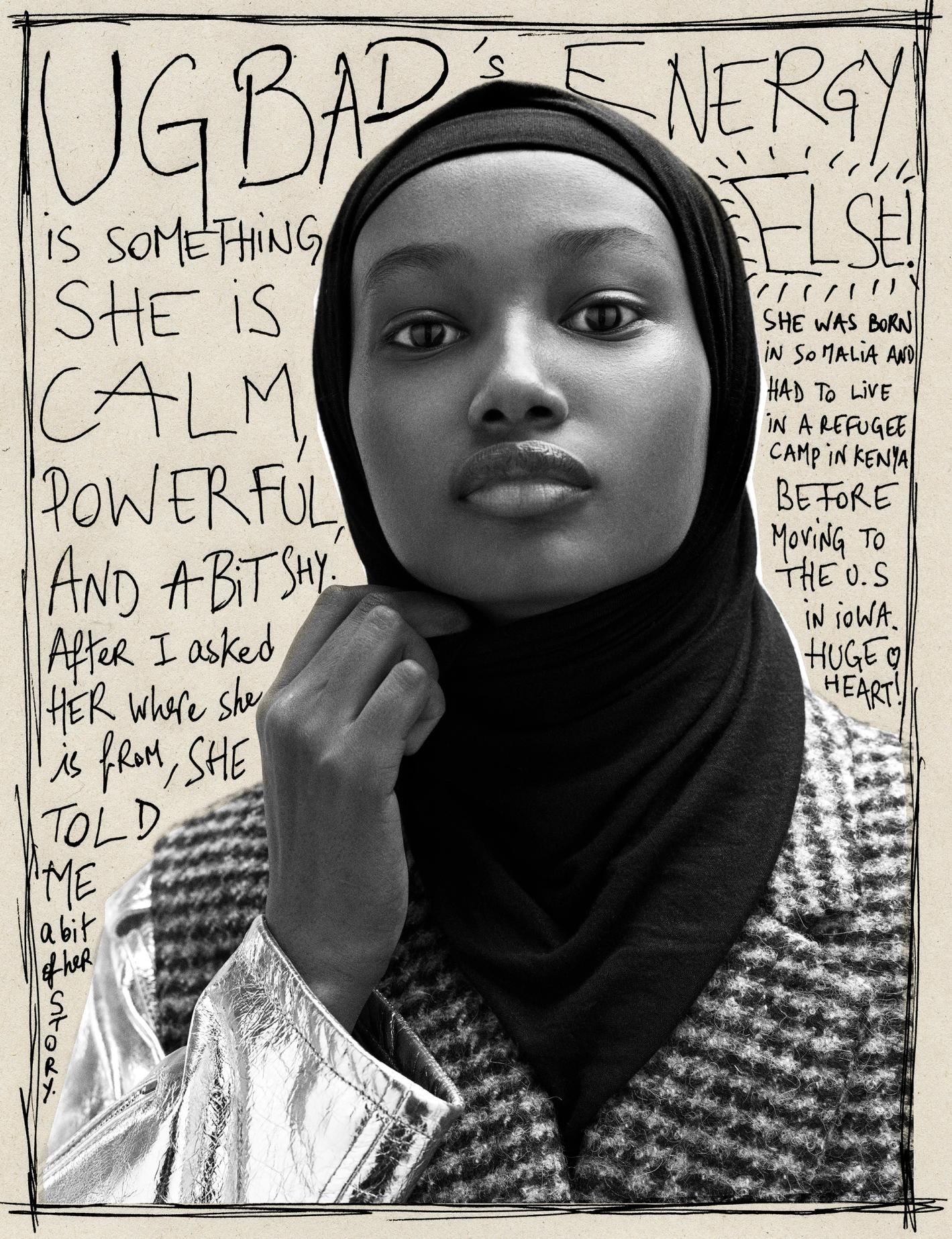 Close-up black-and-white portrait of a woman wearing a dark headscarf and coat, with handwritten text in the background.