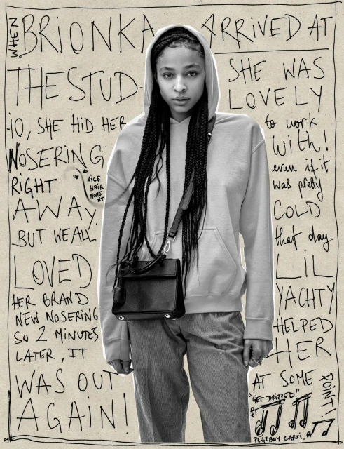 Monochrome portrait of a Black female model with braids, wearing a hooded sweatshirt and crossbody bag, against handwritten text backdrop.
