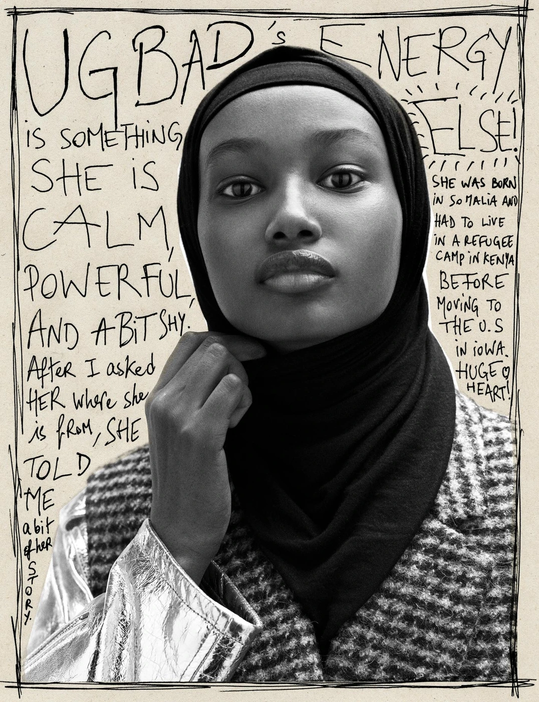 Portrait of a Black woman wearing a black hijab and houndstooth blazer against a hand-drawn illustrated background with handwritten text