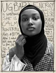 Portrait of a Black woman wearing a black hijab and houndstooth blazer against a hand-drawn illustrated background with handwritten text