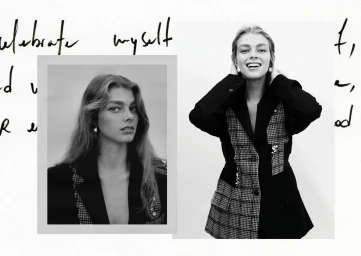 Black and white portrait collage of a female model wearing a structured blazer with patterned panels, photographed by Remi Pujol.