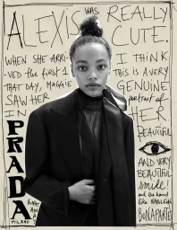 Monochrome portrait of a young woman with hair in a topknot, wearing a black blazer and sheer scarf against a handwritten paper background