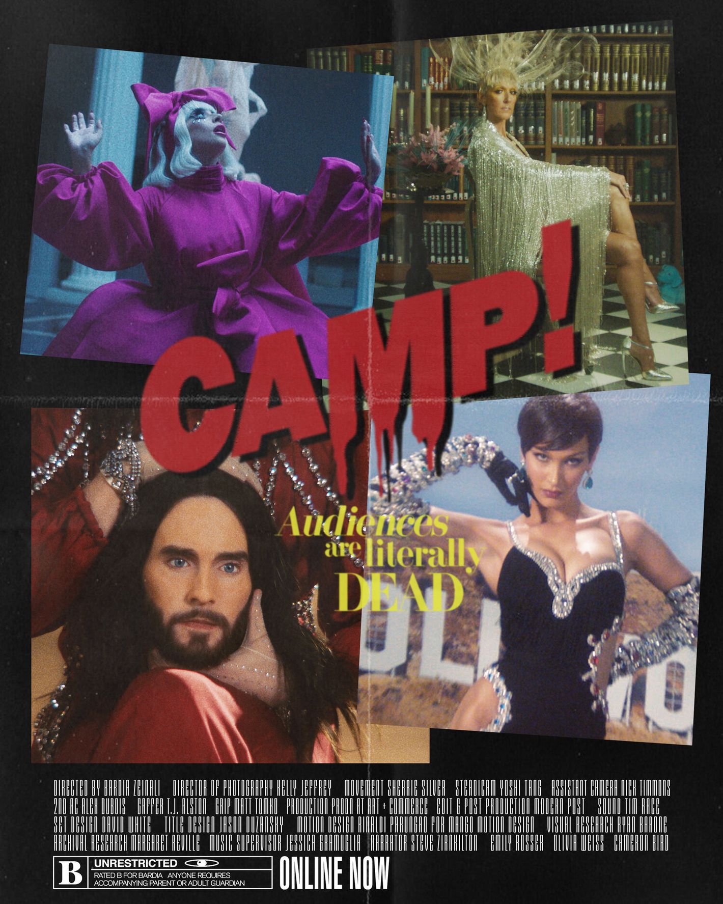 Collage of four images featuring people in diverse fashion styles and settings, including libraries and the Hollywood sign.