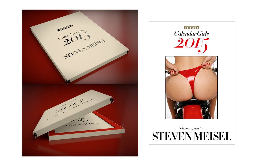 Multiple Pirelli Calendar 2015 box sets featuring photography by Steven Meisel, including a cover shot of a model on a motorcycle.