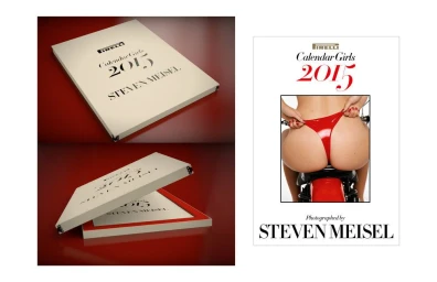 Pirelli Calendar 2015 presentation box and publication pages featuring model wearing red thong