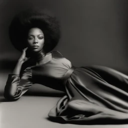 Black and white portrait of Naomi Campbell with a large afro wearing a satin gown and neck ring, posed on a studio floor.