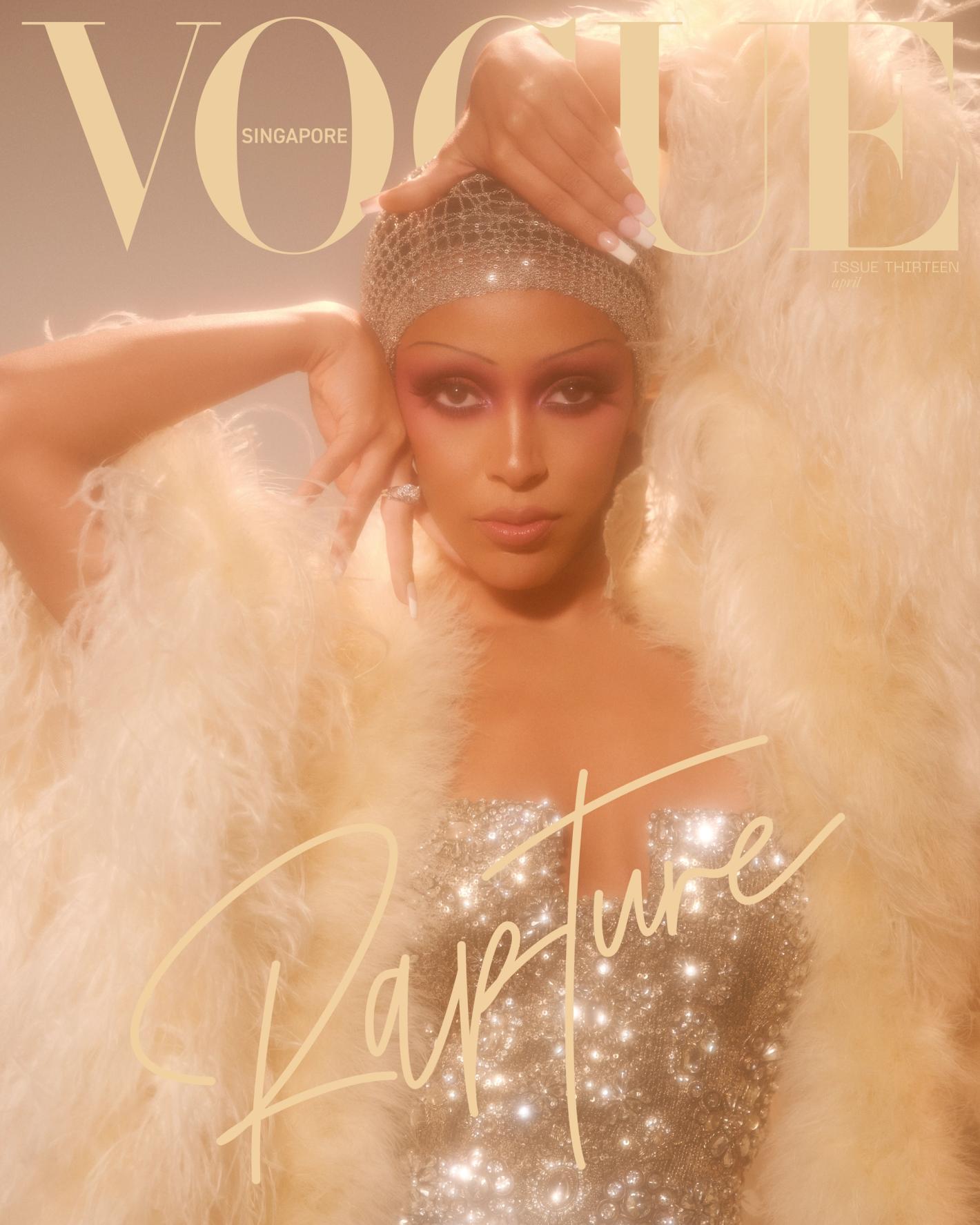 Vogue Singapore cover featuring a woman in a sequined dress and feathered shawl, styled with a beaded headpiece, posing against a tan background.