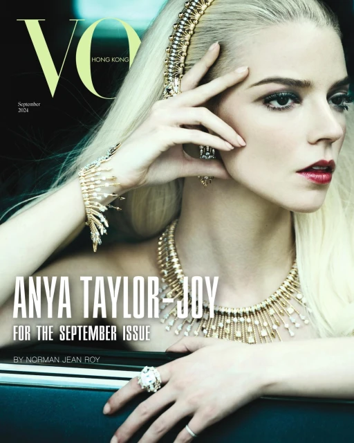 Vogue Hong Kong cover featuring Anya Taylor-Joy with blonde hair, gold jewelry, and red lipstick, in a fashion and beauty editorial style.
