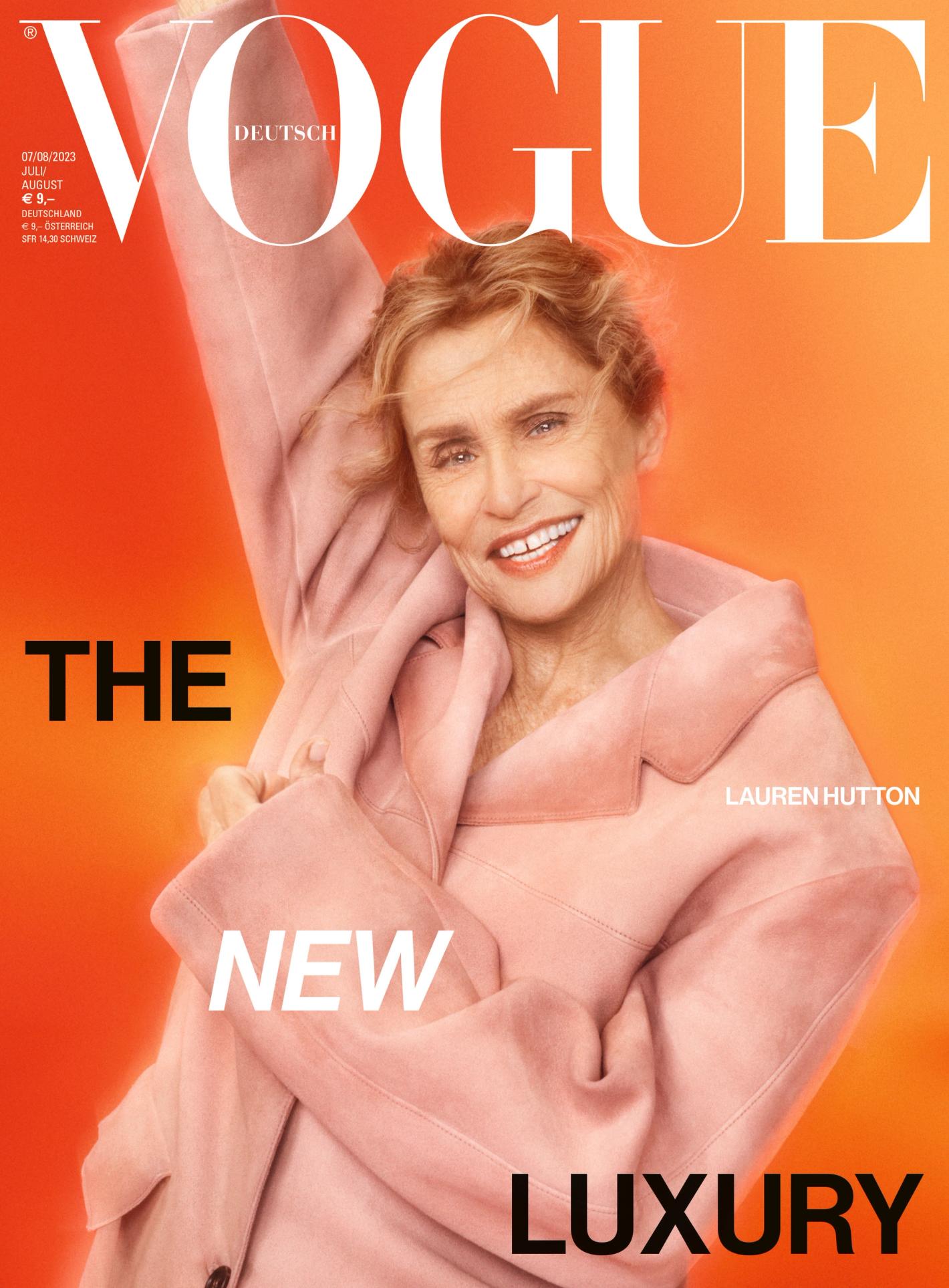 Vogue Deutsch cover featuring Lauren Hutton in a pink coat on an orange background. The text reads: The New Luxury.
