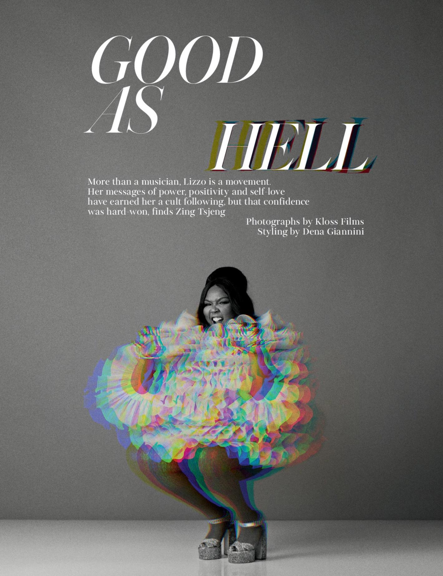 Singer Lizzo poses in a colorful, ruffled dress and platform heels in a studio shot against a gray background with text overlay.