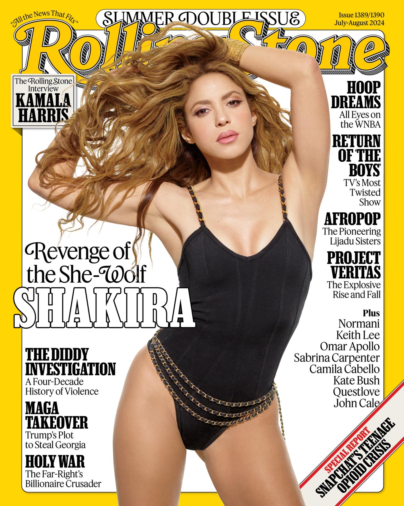 Shakira on Rolling Stone cover, July-August 2024. She poses in a black bodysuit with a gold chain belt, set against a bright yellow background.