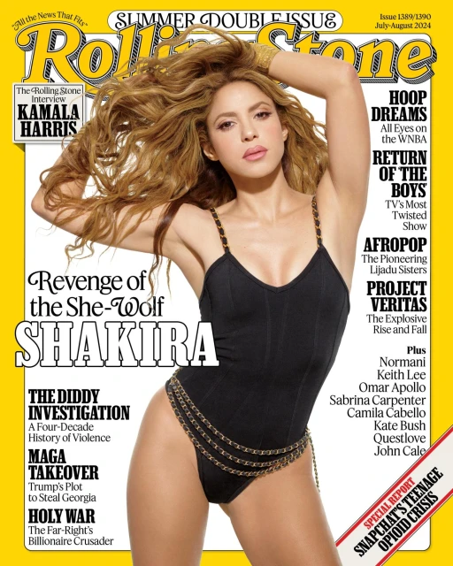 Shakira on Rolling Stone cover, July-August 2024. She poses in a black bodysuit with a gold chain belt, set against a bright yellow background.
