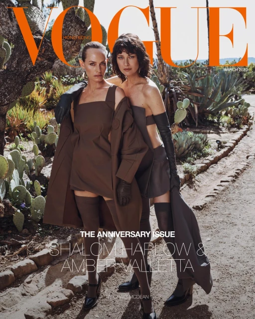 Two women, Shalom Harlow and Amber Valletta, pose in brown outfits against a desert backdrop for a Vogue Hong Kong magazine cover.