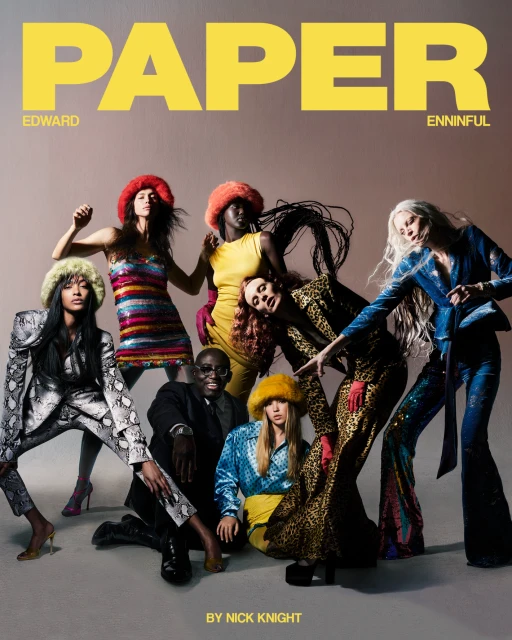 Fashion editorial shot of several adult women and one adult man in colorful, textured, retro-inspired clothing on a studio background.