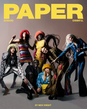 Fashion editorial shot of several adult women and one adult man in colorful, textured, retro-inspired clothing on a studio background.