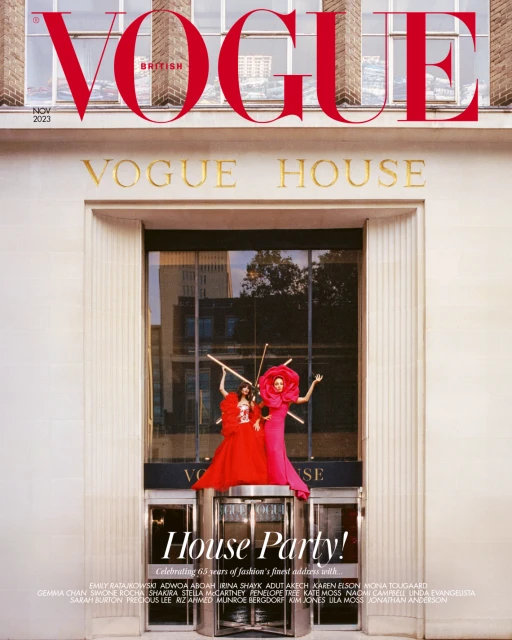 British Vogue cover featuring two women in large gowns, one red and one pink, in front of the Vogue House entrance, November 2023 issue.